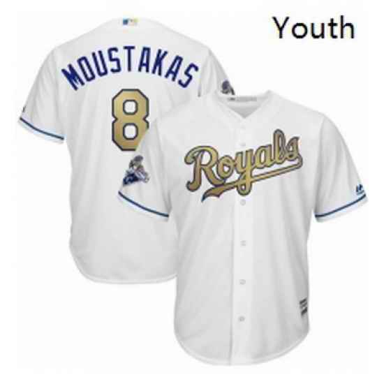 Youth Majestic Kansas City Royals 8 Mike Moustakas Authentic White 2015 World Series Champions Gold Program Cool Base MLB Jersey